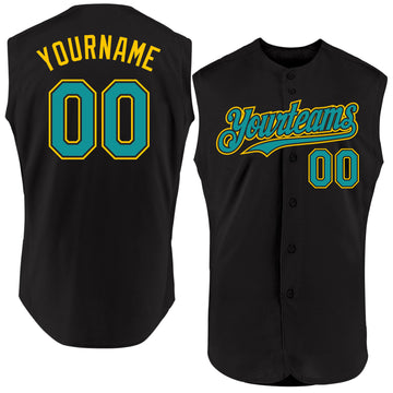 Custom Black Teal-Yellow Authentic Sleeveless Baseball Jersey