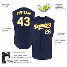 Load image into Gallery viewer, Custom Navy White-Gold Authentic Sleeveless Baseball Jersey
