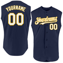 Load image into Gallery viewer, Custom Navy White-Gold Authentic Sleeveless Baseball Jersey
