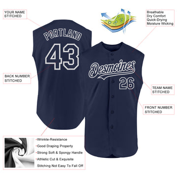 Custom Navy White-Gray Authentic Sleeveless Baseball Jersey