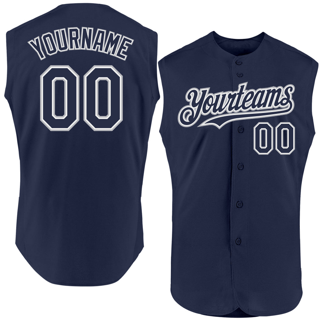 Custom Navy White-Gray Authentic Sleeveless Baseball Jersey