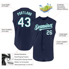 Load image into Gallery viewer, Custom Navy White-Teal Authentic Sleeveless Baseball Jersey
