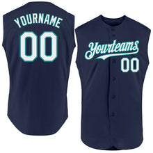 Load image into Gallery viewer, Custom Navy White-Teal Authentic Sleeveless Baseball Jersey
