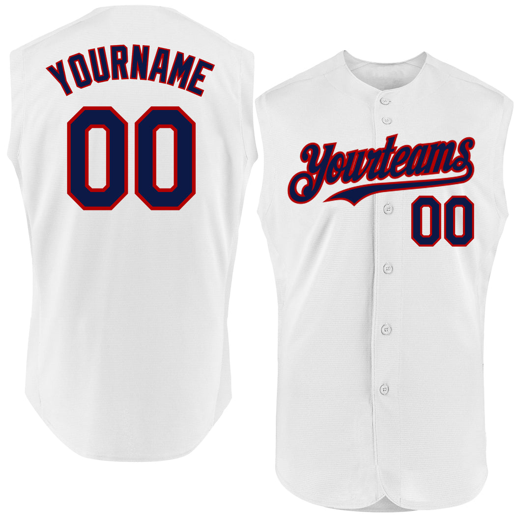 Custom White Navy-Red Authentic Sleeveless Baseball Jersey