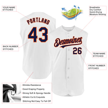 Custom White Navy-Orange Authentic Sleeveless Baseball Jersey