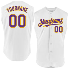 Load image into Gallery viewer, Custom White Purple-Gold Authentic Sleeveless Baseball Jersey
