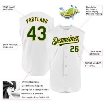 Custom White Green-Gold Authentic Sleeveless Baseball Jersey