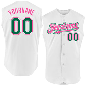 Custom White Kelly Green-Pink Authentic Sleeveless Baseball Jersey