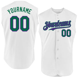 Custom White Kelly Green-Purple Authentic Sleeveless Baseball Jersey