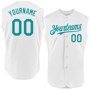 Custom White Teal Authentic Sleeveless Baseball Jersey