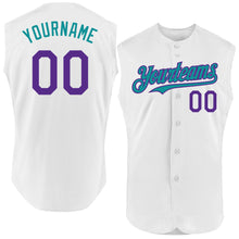 Laden Sie das Bild in den Galerie-Viewer, Custom White Purple-Teal Authentic Sleeveless Baseball Jersey
