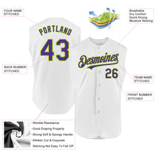 Load image into Gallery viewer, Custom White Purple-Neon Green Authentic Sleeveless Baseball Jersey
