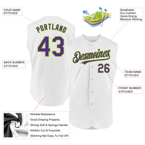 Custom White Purple-Neon Green Authentic Sleeveless Baseball Jersey