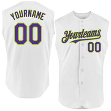 Load image into Gallery viewer, Custom White Purple-Neon Green Authentic Sleeveless Baseball Jersey
