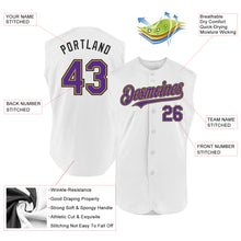 Load image into Gallery viewer, Custom White Purple Old Gold-Black Authentic Sleeveless Baseball Jersey
