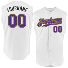 Load image into Gallery viewer, Custom White Purple Old Gold-Black Authentic Sleeveless Baseball Jersey
