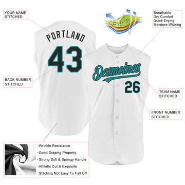 Custom White Black-Teal Authentic Sleeveless Baseball Jersey