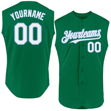 Custom Kelly Green White-Light Blue Authentic Sleeveless Baseball Jersey