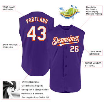 Custom Purple White-Orange Authentic Sleeveless Baseball Jersey