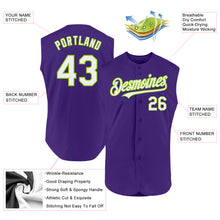 Load image into Gallery viewer, Custom Purple White-Neon Green Authentic Sleeveless Baseball Jersey
