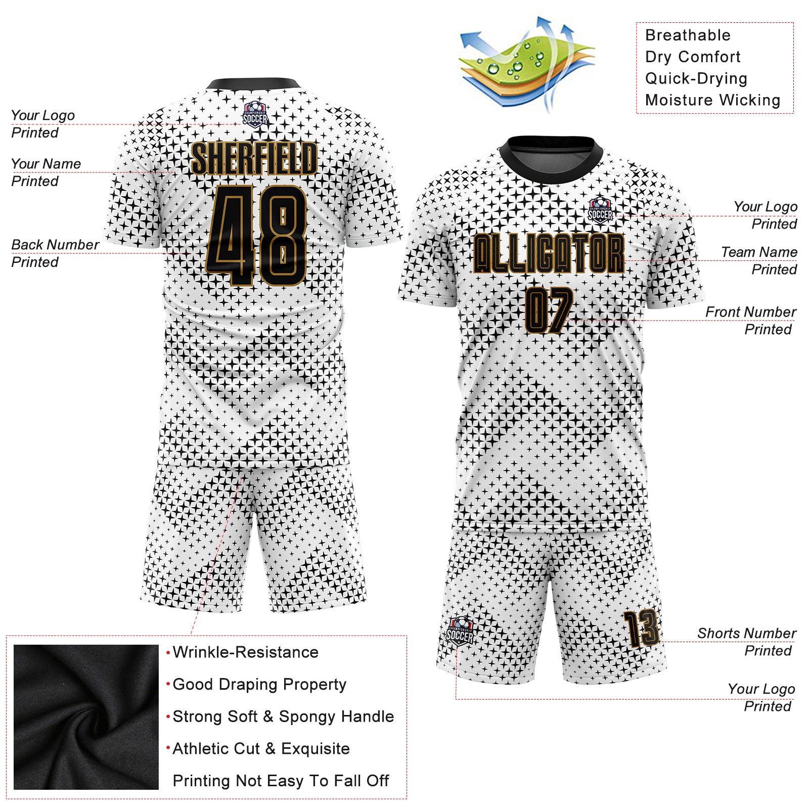 Custom White Black-Old Gold Sublimation Soccer Uniform Jersey Discount