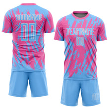 Laden Sie das Bild in den Galerie-Viewer, Custom Pink Light Blue-White Sublimation Soccer Uniform Jersey
