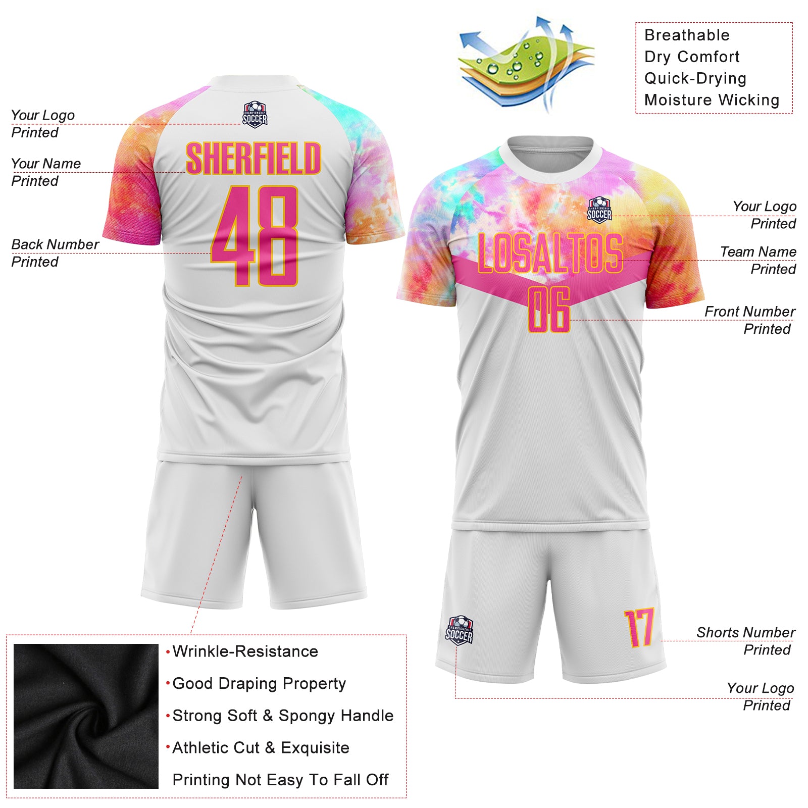 Cheap Custom Gold Deep Pink-White Sublimation Soccer Uniform Jersey Free  Shipping – CustomJerseysPro