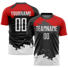 Laden Sie das Bild in den Galerie-Viewer, Custom Black White-Red Sublimation Soccer Uniform Jersey
