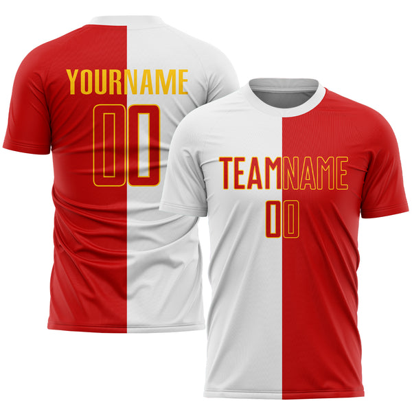 Cheap Custom White Red-Gold Sublimation Split Fashion Soccer Uniform Jersey  Free Shipping – CustomJerseysPro