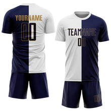 Laden Sie das Bild in den Galerie-Viewer, Custom White Navy-Old Gold Sublimation Split Fashion Soccer Uniform Jersey
