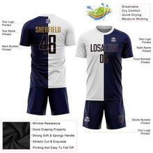 Laden Sie das Bild in den Galerie-Viewer, Custom White Navy-Old Gold Sublimation Split Fashion Soccer Uniform Jersey
