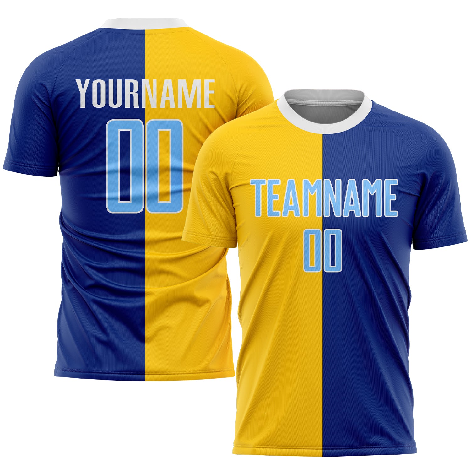 Custom Royal Light Blue-Gold Sublimation Split Fashion Soccer Uniform Jersey  Discount