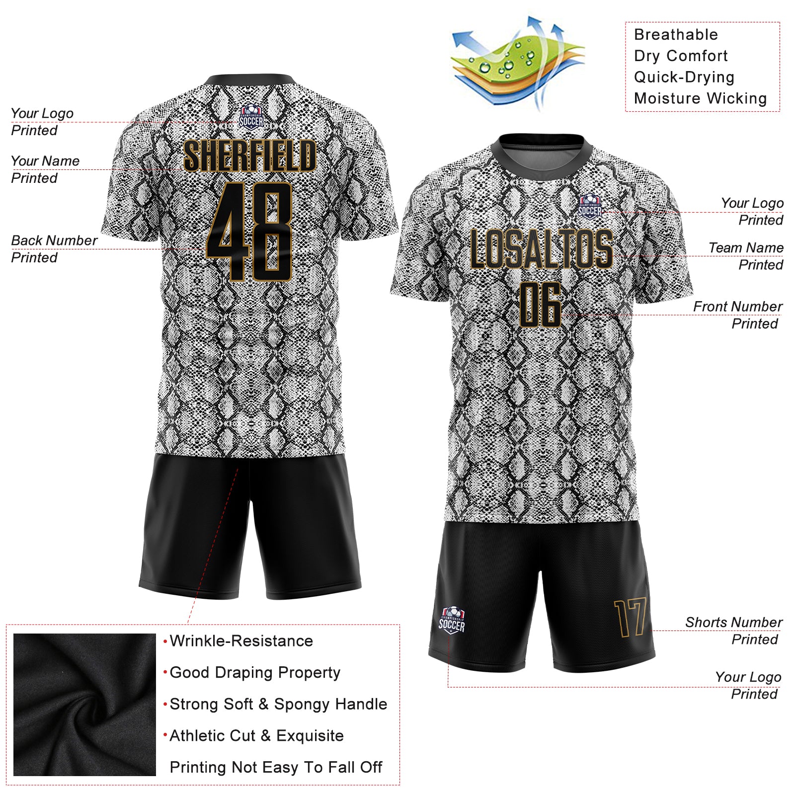 Custom Black Old Gold Tiger And Peacock Sublimation Soccer Uniform Jersey