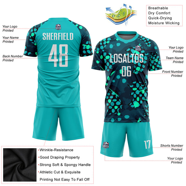 Custom Black Aqua-White Sublimation Soccer Uniform Jersey Fast