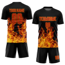 Load image into Gallery viewer, Custom Black Red-Gold Flame Sublimation Soccer Uniform Jersey
