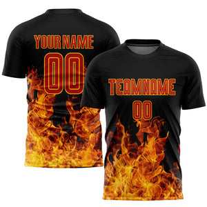 Custom Black Red-Gold Flame Sublimation Soccer Uniform Jersey