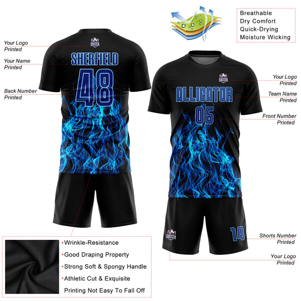 Cheap Custom Black Royal-Light Blue Flame Sublimation Soccer