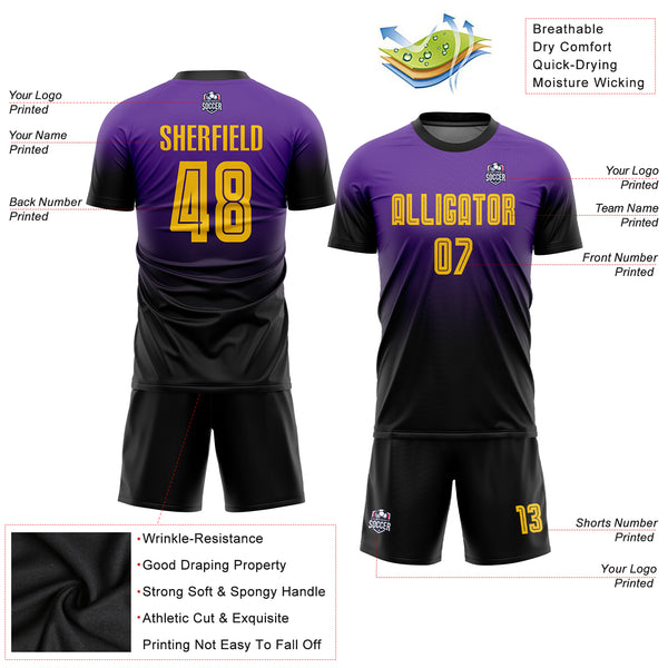 Custom Purple Gold-Black Sublimation Fade Fashion Soccer Uniform