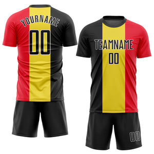 Custom Gold Black Red-White Sublimation Belgian Flag Soccer Uniform Jersey