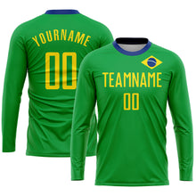 Laden Sie das Bild in den Galerie-Viewer, Custom Neon Green Gold-Royal Sublimation Brazilian Flag Soccer Uniform Jersey
