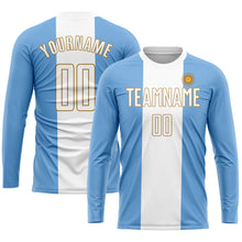 Laden Sie das Bild in den Galerie-Viewer, Custom Light Blue White-Old Gold Sublimation Argentinian Flag Soccer Uniform Jersey
