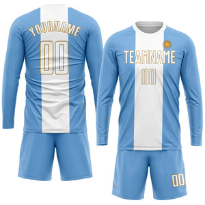 Custom Light Blue White-Old Gold Sublimation Argentinian Flag Soccer Uniform Jersey