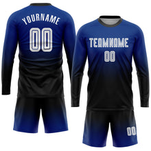 Laden Sie das Bild in den Galerie-Viewer, Custom Royal White-Black Sublimation Long Sleeve Fade Fashion Soccer Uniform Jersey
