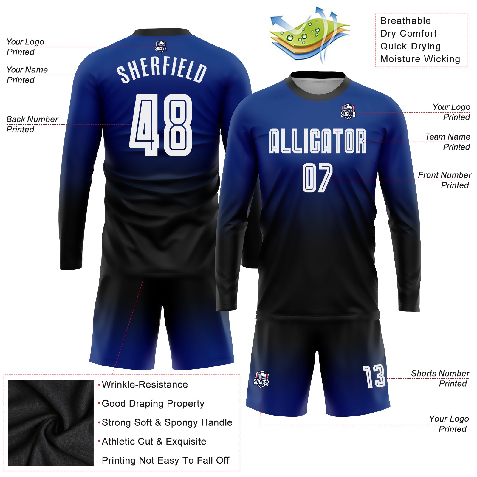 Custom Royal White-Black Sublimation Fade Fashion Soccer Uniform Jersey in  2023