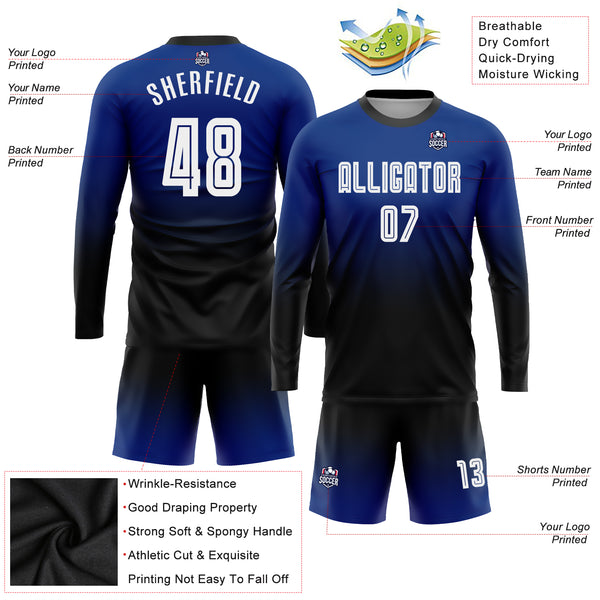 Cheap Custom Royal White-Black Sublimation Fade Fashion Soccer Uniform  Jersey Free Shipping – CustomJerseysPro