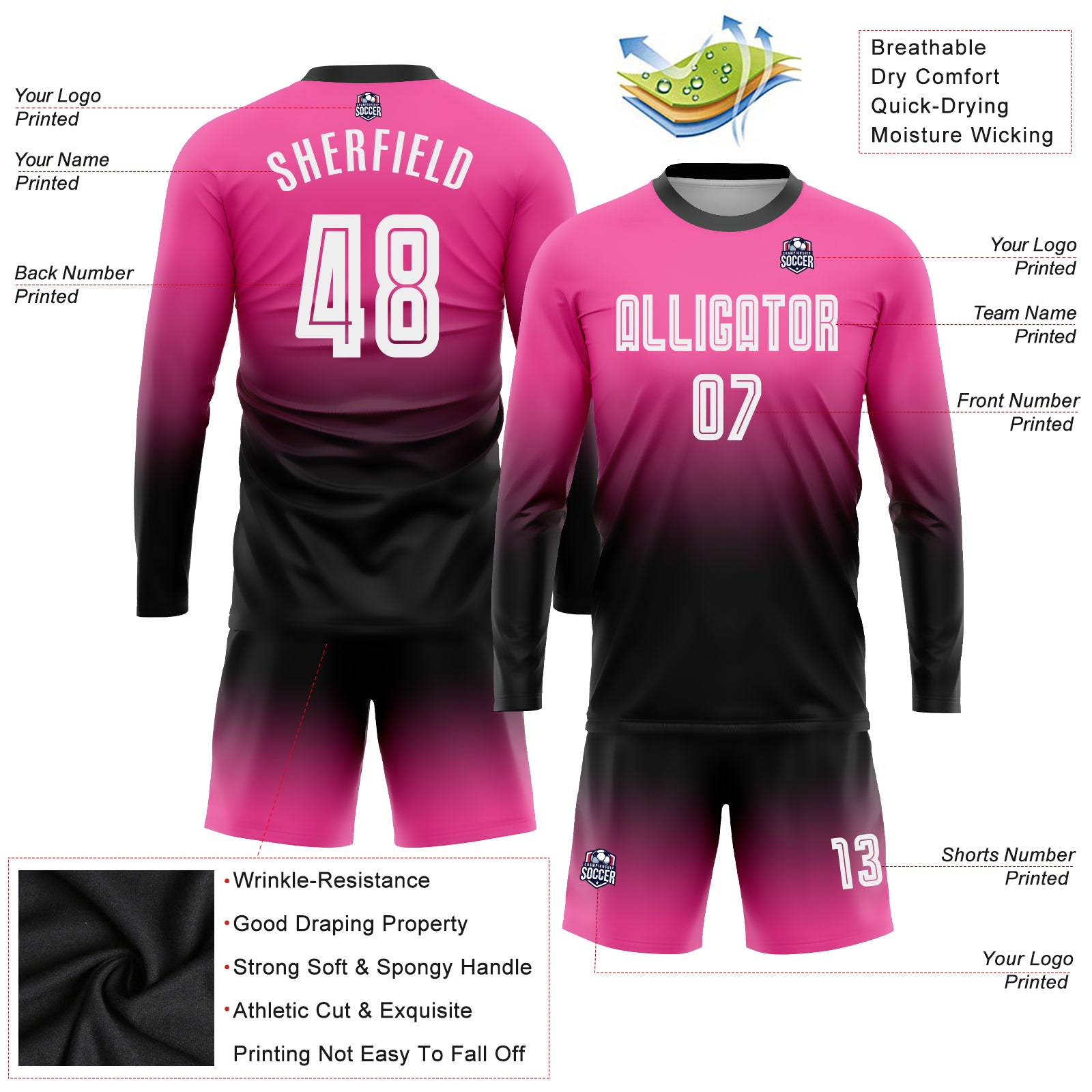 Cheap Custom Pink White-Black Sublimation Long Sleeve Fade Fashion Soccer Uniform  Jersey Free Shipping – CustomJerseysPro