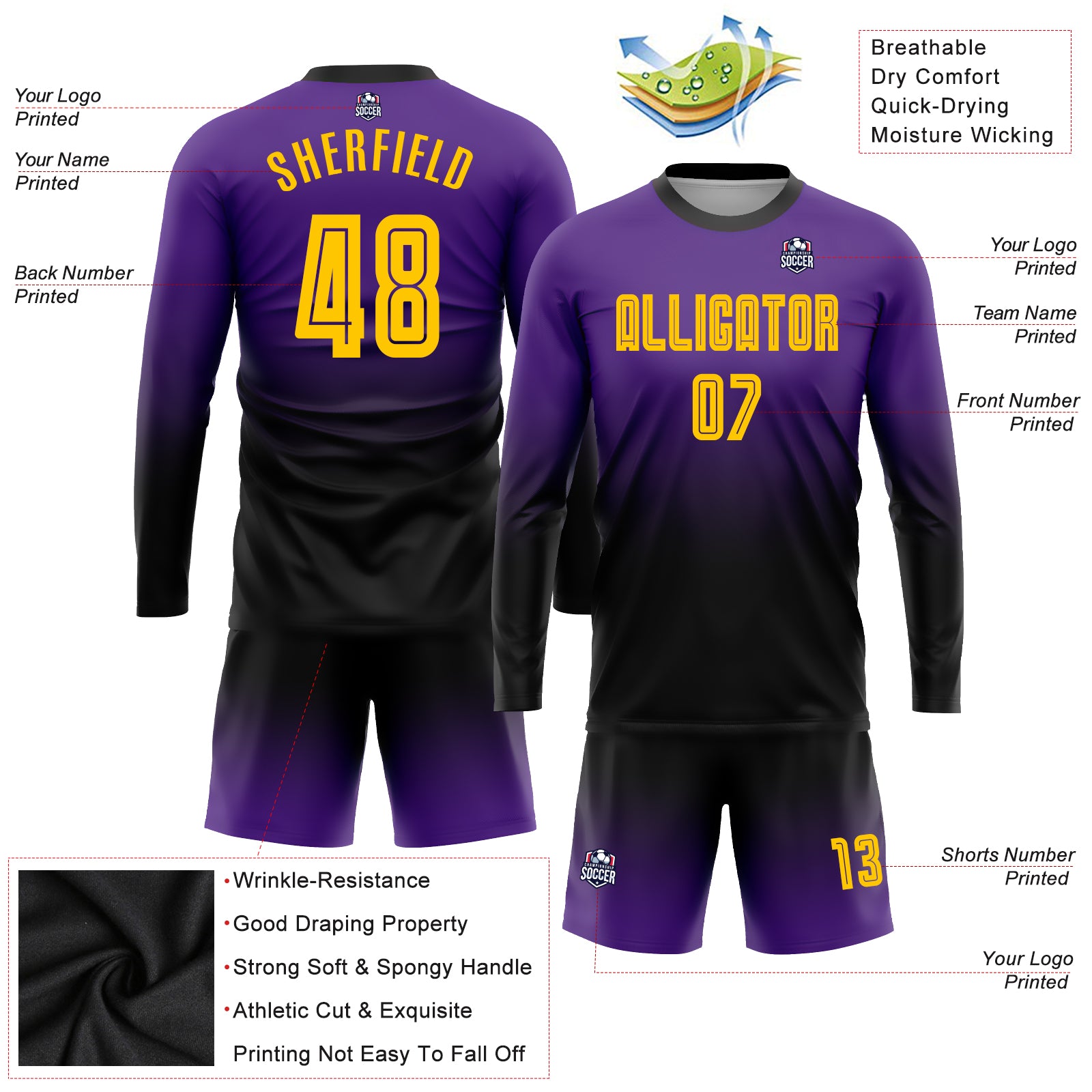 Custom Lakes Blue Gold-Purple Sublimation Soccer Uniform Jersey