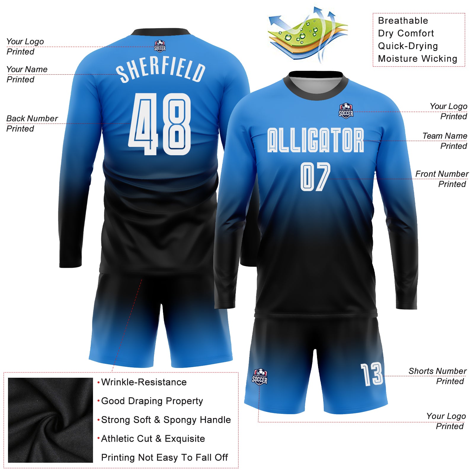 Custom Light Blue White-Black Sublimation Soccer Uniform Jersey Discount