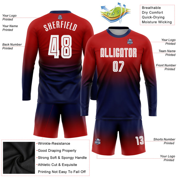 Cheap Custom Red White-Navy Sublimation Fade Fashion Soccer