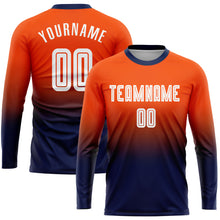 Laden Sie das Bild in den Galerie-Viewer, Custom Orange White-Navy Sublimation Long Sleeve Fade Fashion Soccer Uniform Jersey
